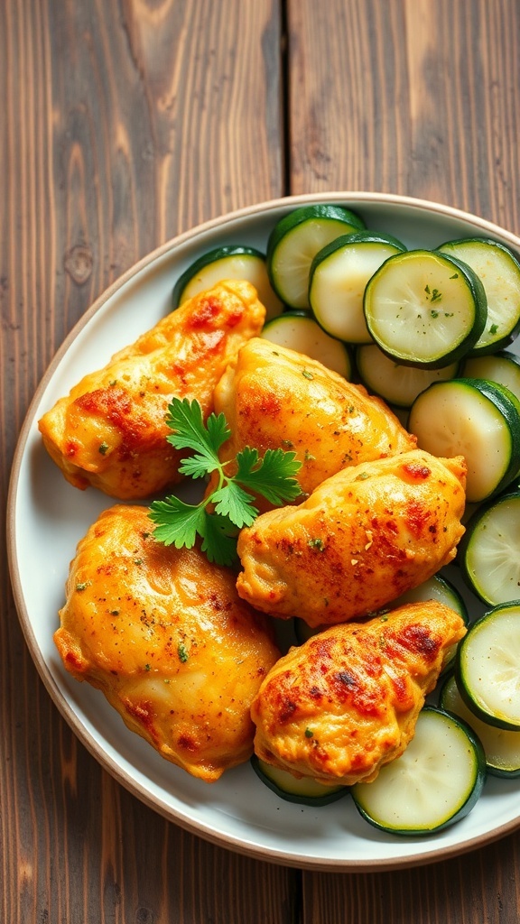 Crispy Air Fryer Chicken and Zucchini Crispy air fryer chicken and zucchini served on a plate, garnished with parsley.
